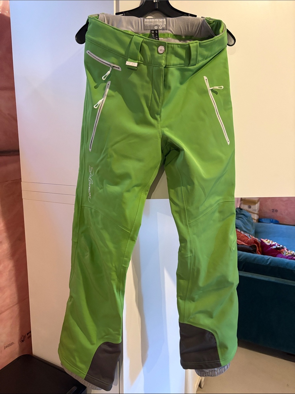 Salomon Lime Green Women's Boot-Cut Ski Pants with White Zippers